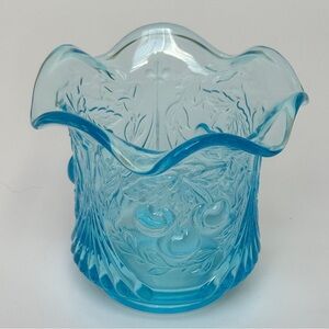Vintage Blue Opalescent Wreathed Cherries Sugar Bowl LG Wright Style